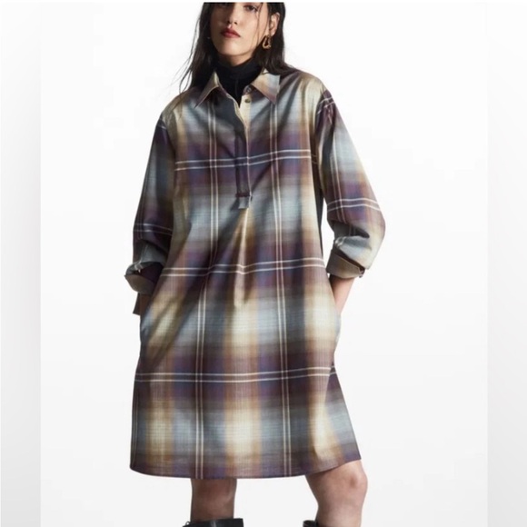 COS Checked Wool Blend Mini Shirt Dress Blue Beige Brown Size 10 - Picture 1 of 8